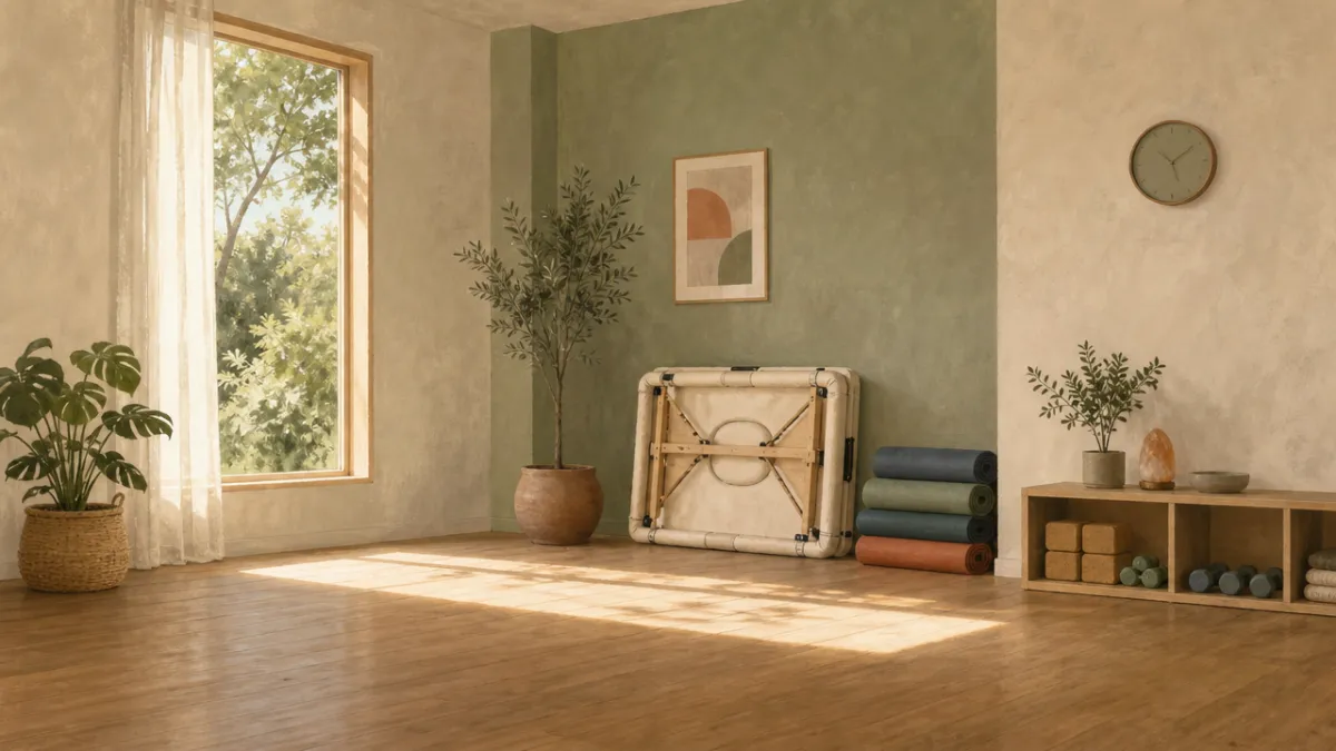 Illustration of an empty multipurpose room at mid-morning, with a folded massage table, stacked mats and light weights, and sunlight across a timber floor
