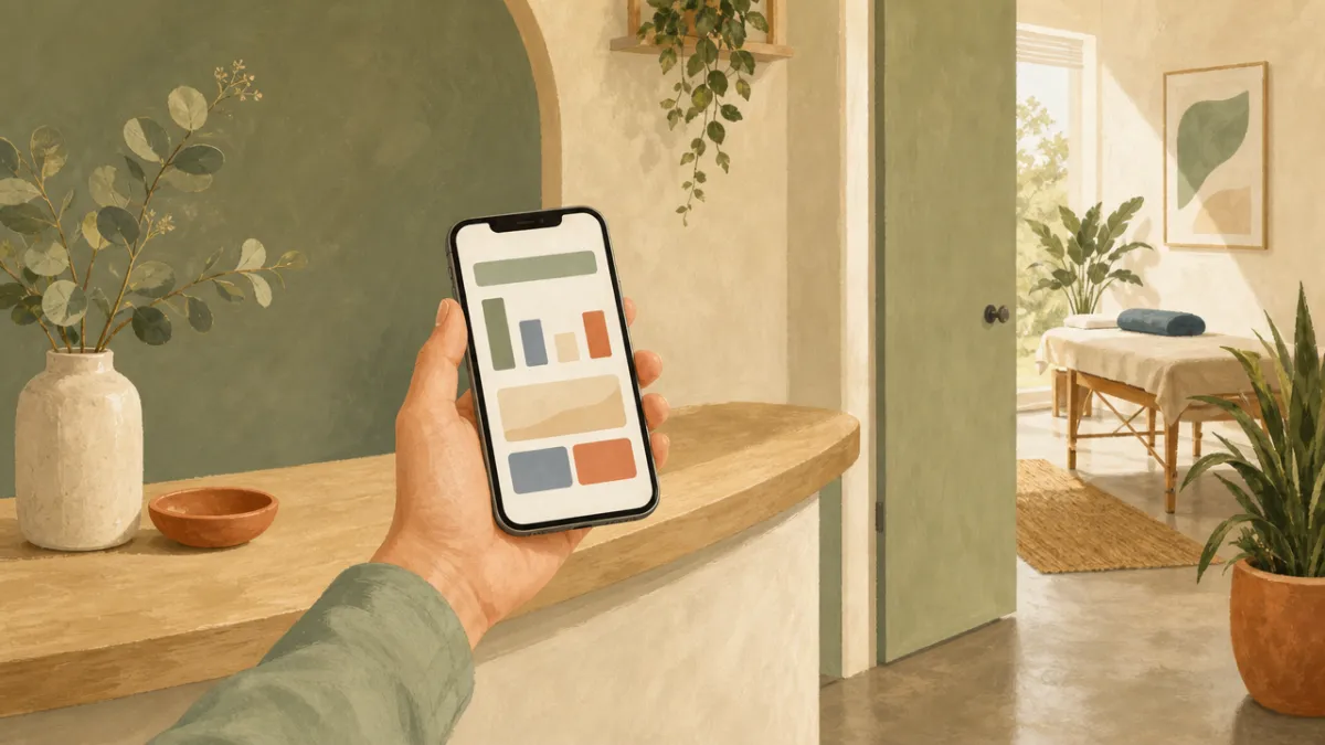 Illustration of a phone showing a session summary, held over a clinic reception desk with a treatment room in the background