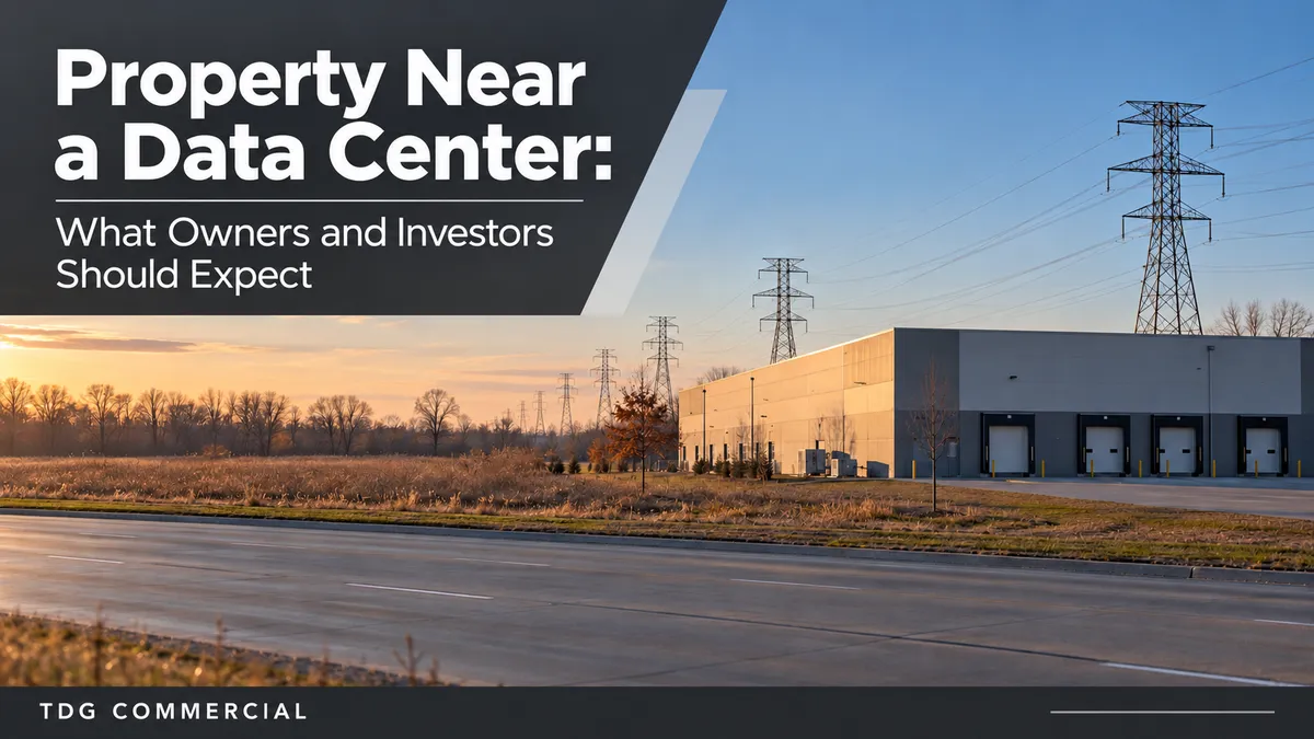 Low rise industrial buildings and open field along a Michigan corridor at dusk with power lines overhead