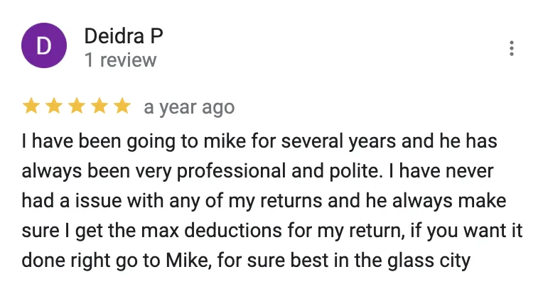TaxShield Service Toledo Google review 2