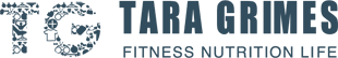 Tara Grimes Fitness Nutrition Life logo in dark grey sans-serif typography, with a stylized 'TG' monogram incorporating an arrow