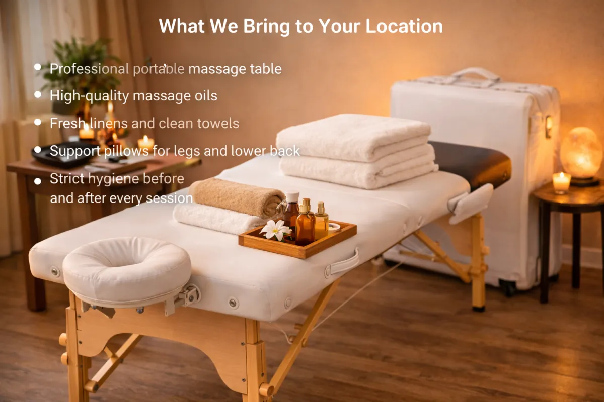 Fully equipped mobile massage with professional massage table, oils and fresh linens