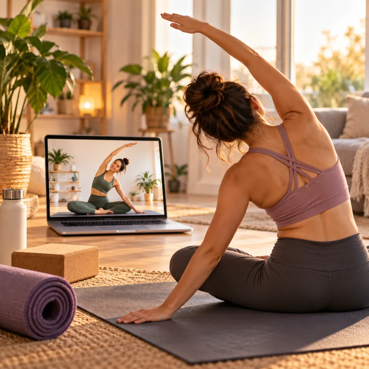 Ζεστό και φιλόξενο μάθημα online yoga στο σπίτι με καθοδήγηση από οθόνη φορητού υπολογιστή