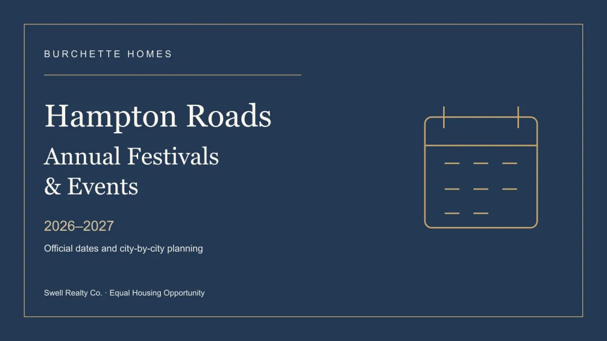 Burchette Homes illustrated calendar cover for Hampton Roads annual events in 2026 and 2027