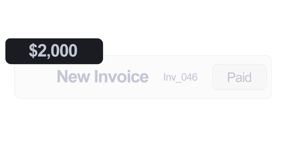 New invoice interface showing $2,000 amount, labeled "New Invoice Inv_046," with a "Paid" status, representing invoicing and payment management features for business automation.