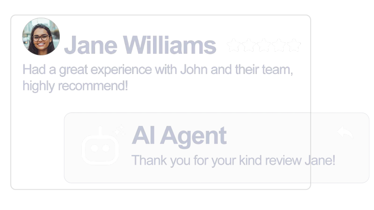 Jane Williams' positive review about AI automation services, showcasing a friendly photo and star rating, with an AI agent response thanking her for the feedback.