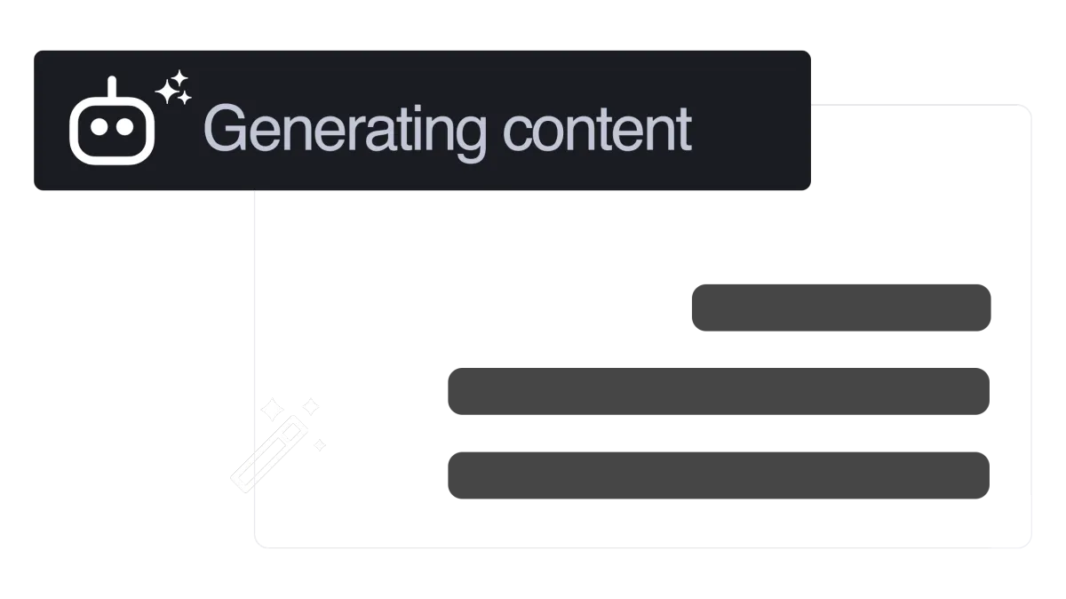 AI icon with text "Generating content" illustrating automated content creation for marketing and business efficiency.