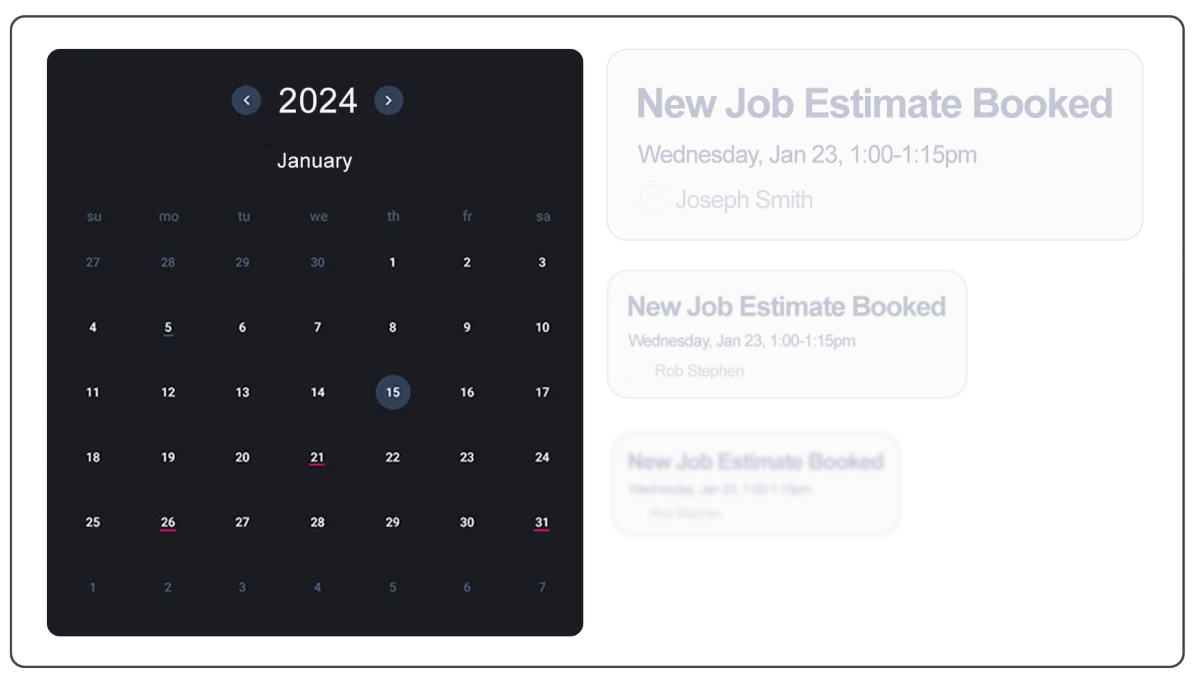 Calendar interface for January 2024 displaying scheduled job estimates, featuring highlighted date and notification details for appointments.