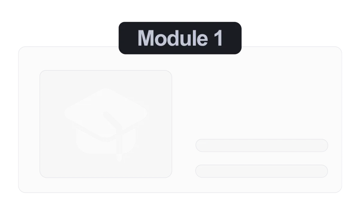 Module 1 interface with graduation cap icon, representing educational courses and community features for business automation.