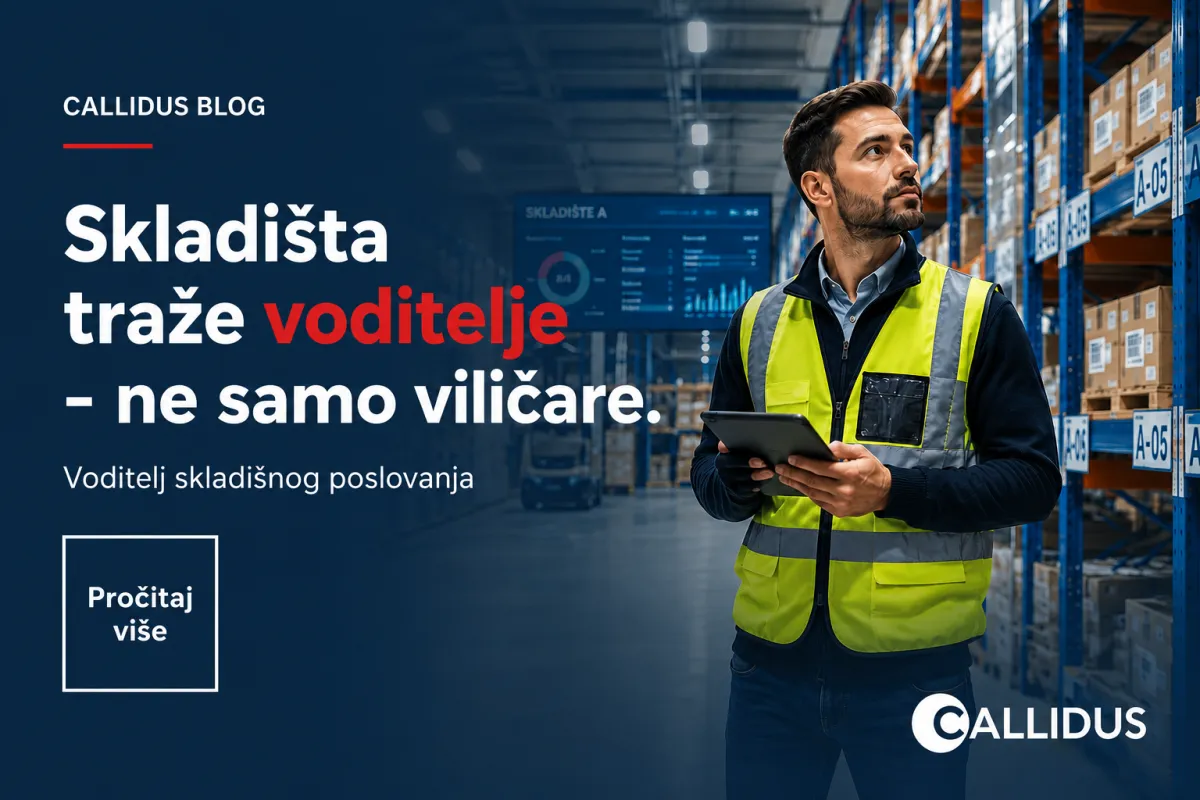 Radnik u zaštitnom prsluku u skladištu uz natpis „Skladišta traže voditelje" Callidus, voditelj skladišnog poslovanja