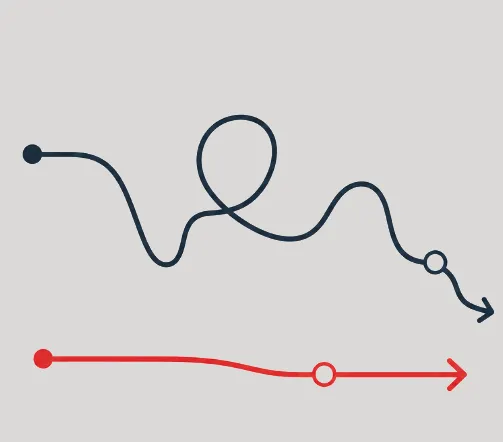 Comparison of two learning paths: a winding black path representing self-navigation, trial and error, and confusion, and a straighter red path representing coaching, trusted guidance, momentum, and faster progress.
