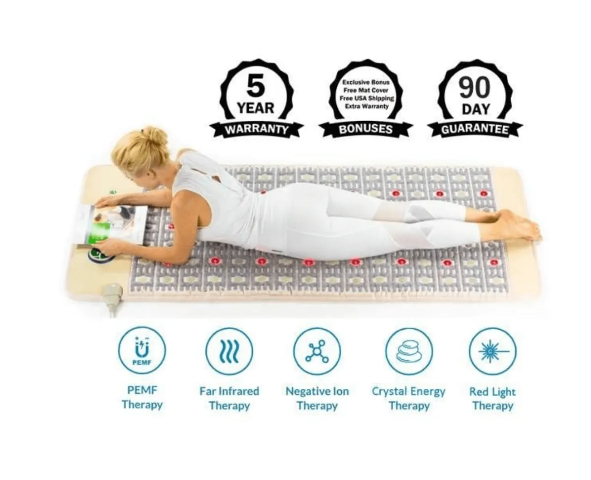 woman laying down on a 5 therapy infrared mat