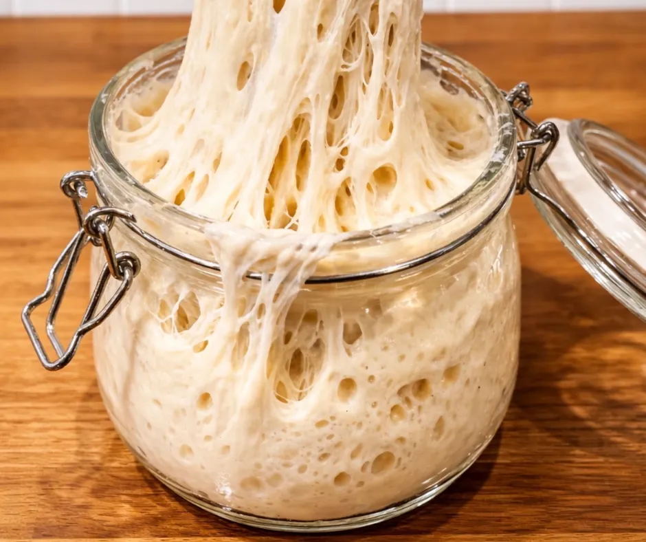 Sourdough starter in a jar. Beautiful sourdough