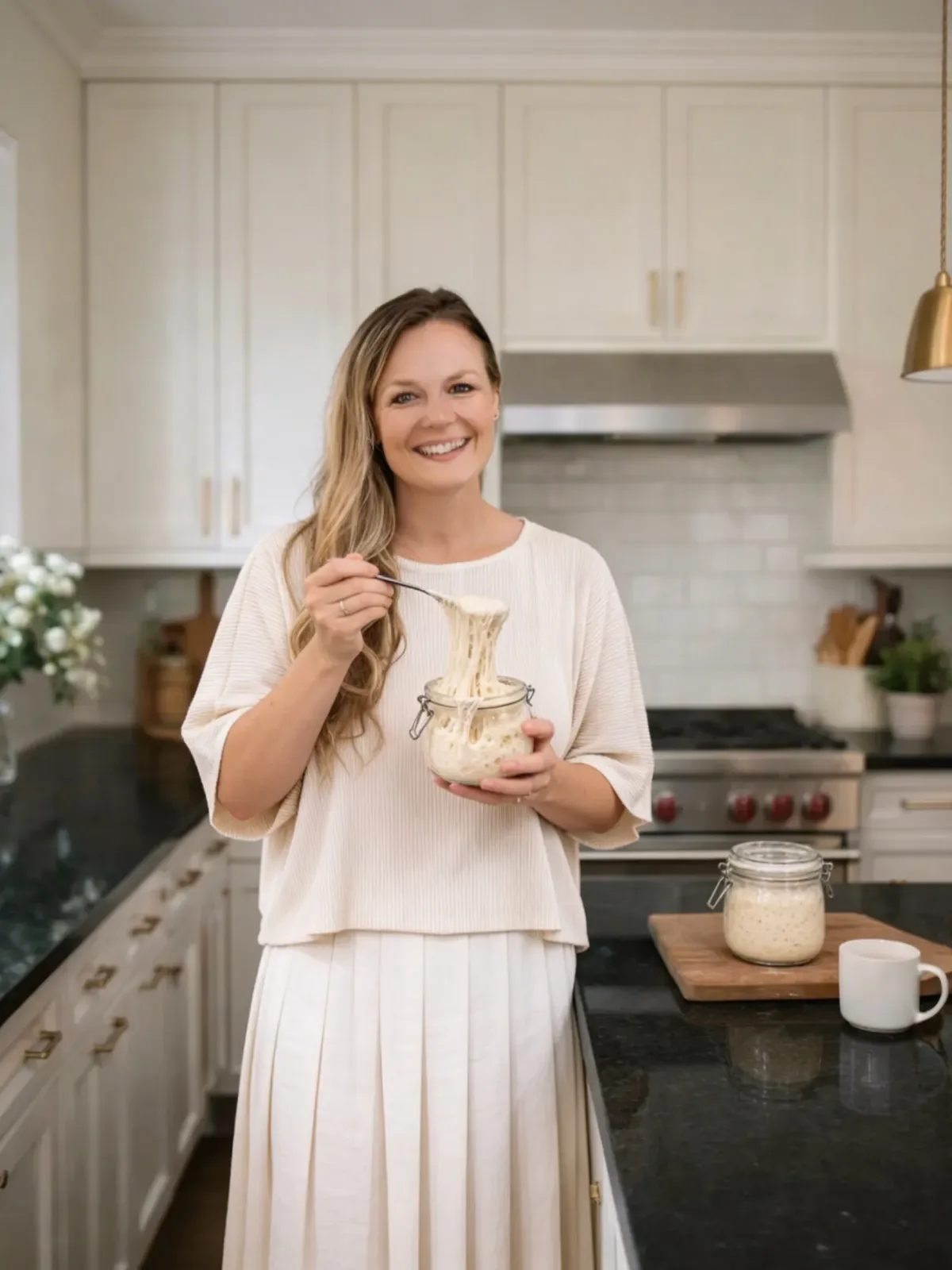 a beautiful cottage kitchen with rustic brick and a cutting block full of beautiful sourdough loaves.
