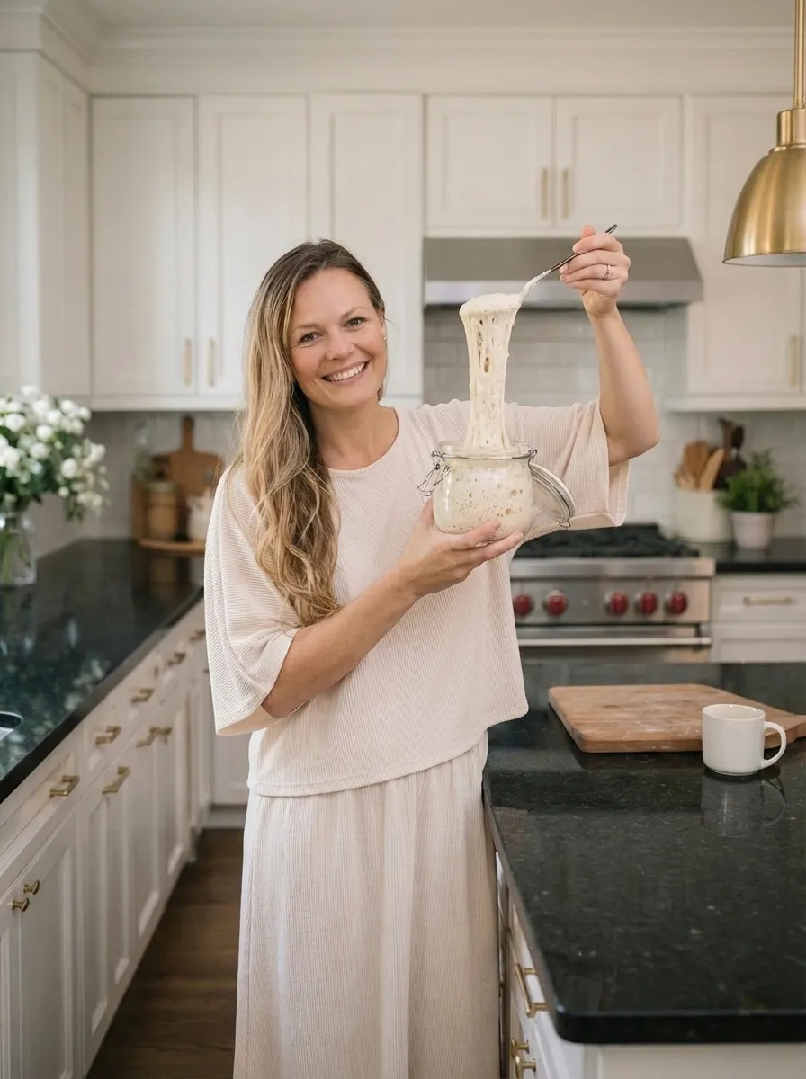 a beautiful cottage kitchen with rustic brick and a cutting block full of beautiful sourdough loaves.