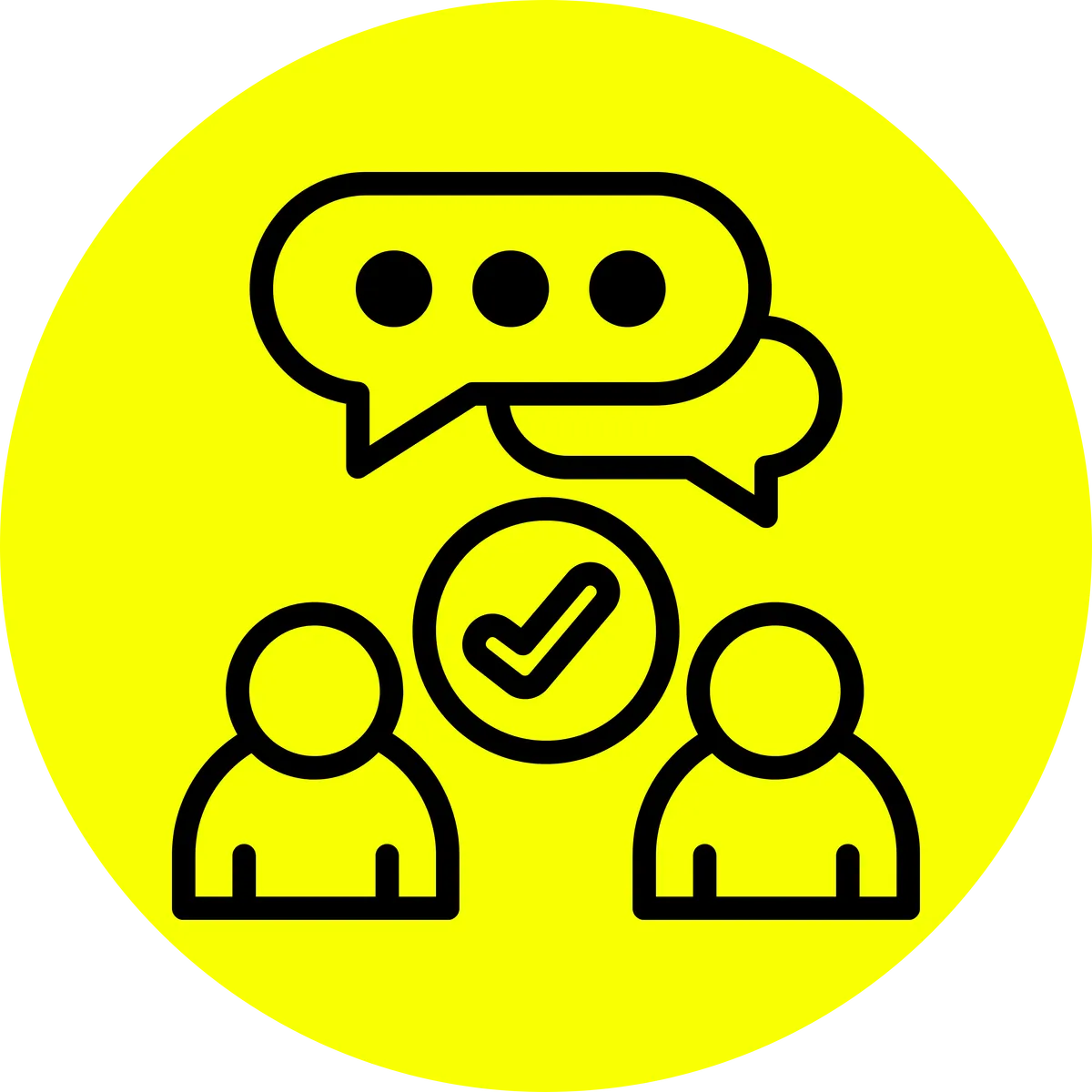 Two people communicating with speech bubbles and a check mark