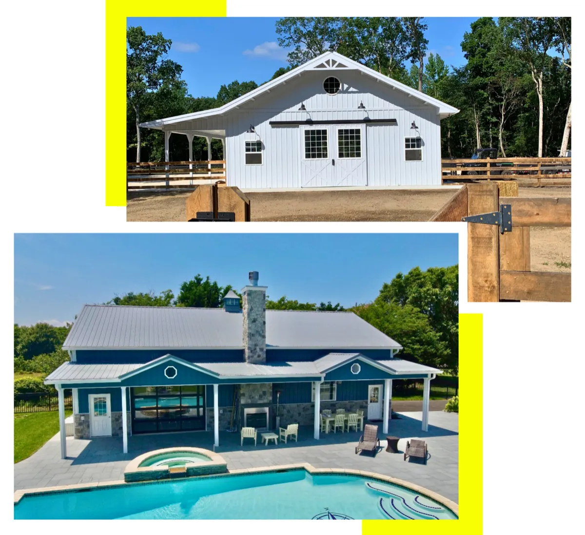 Collage of a white horse barn and a blue pool house beside a swimming pool