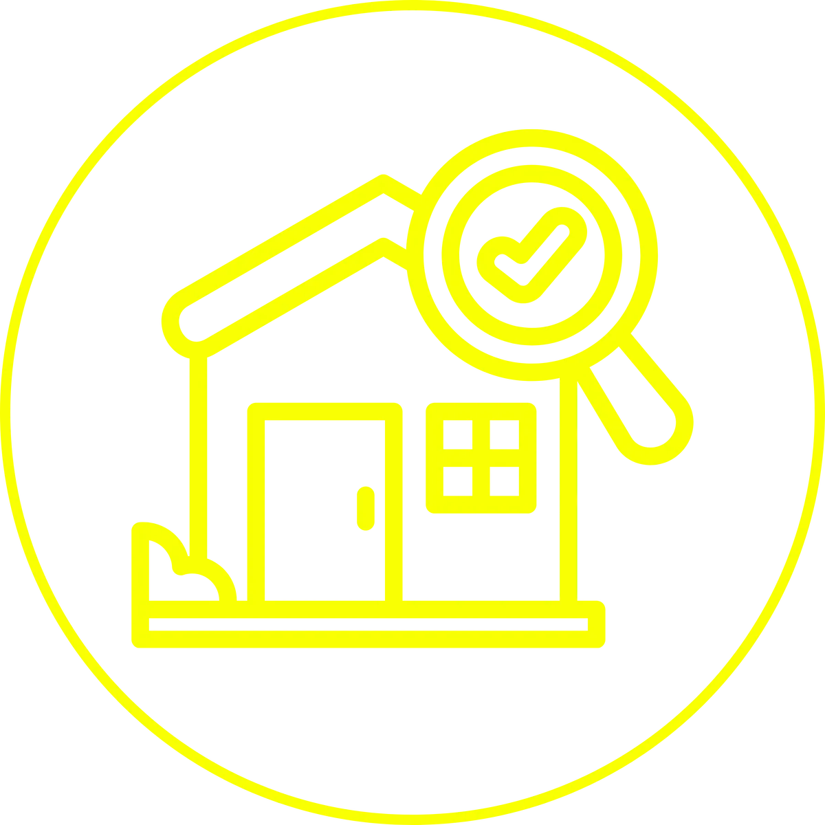 Building inspection with a magnifying glass and check mark