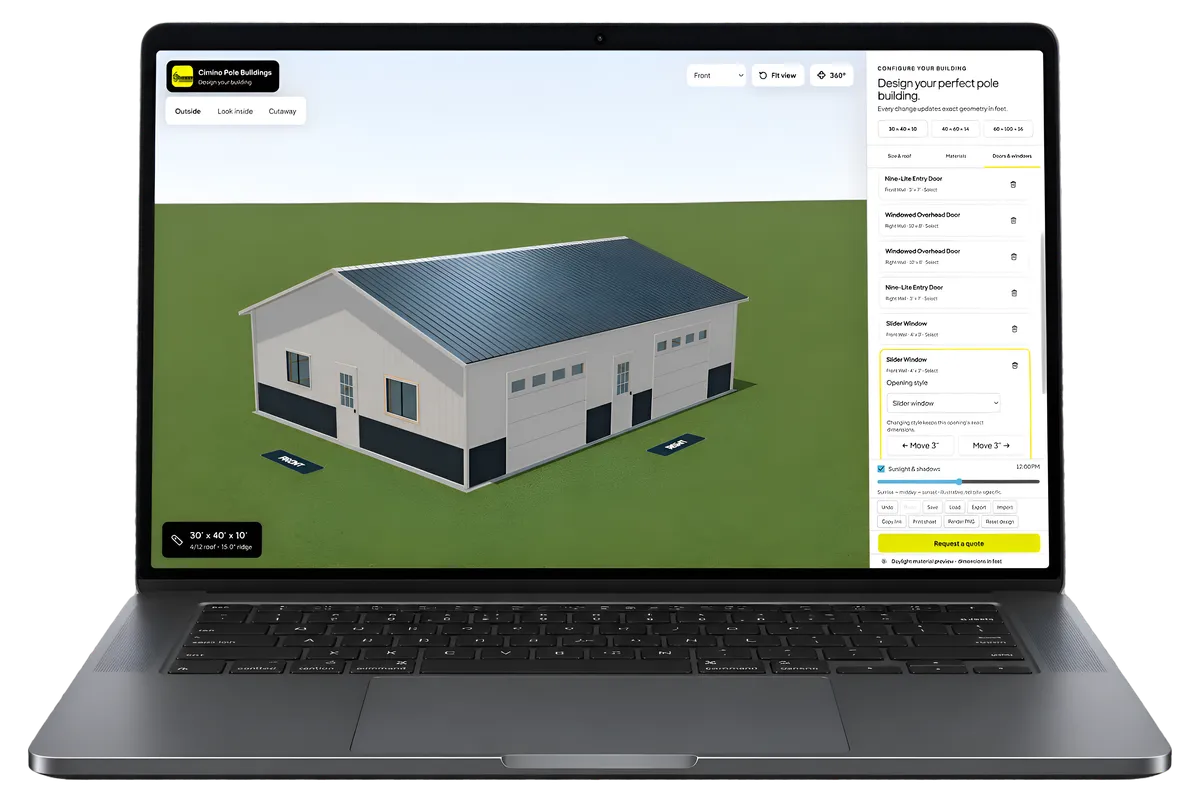 Laptop displaying a customizable three-dimensional pole building design