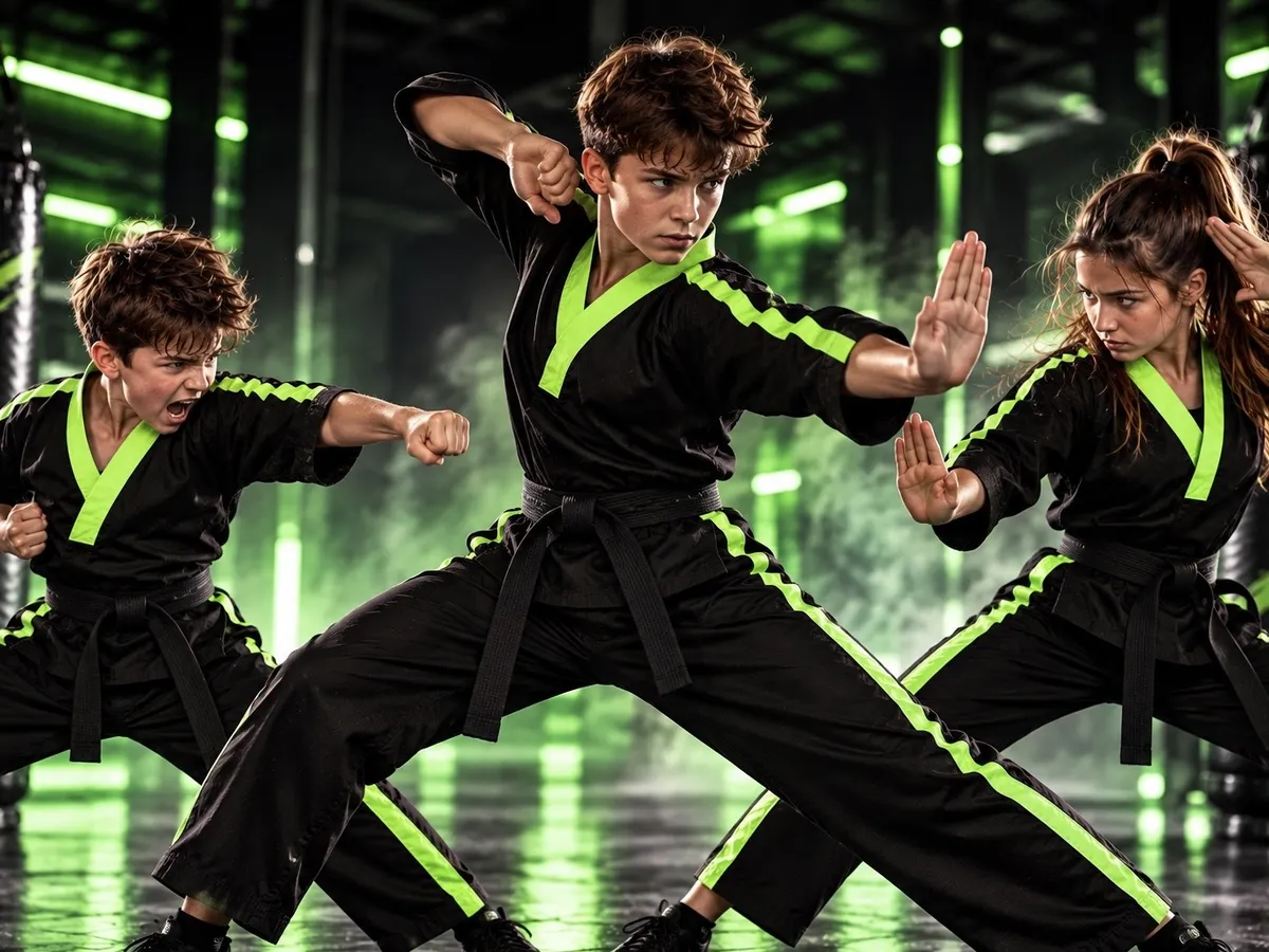 Martial arts masterclass grand finale arena with spotlight effects