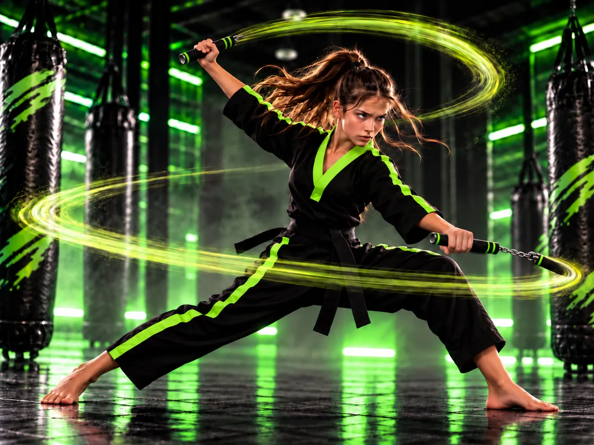 Martial arts master practicing high-speed nunchaku combat strikes