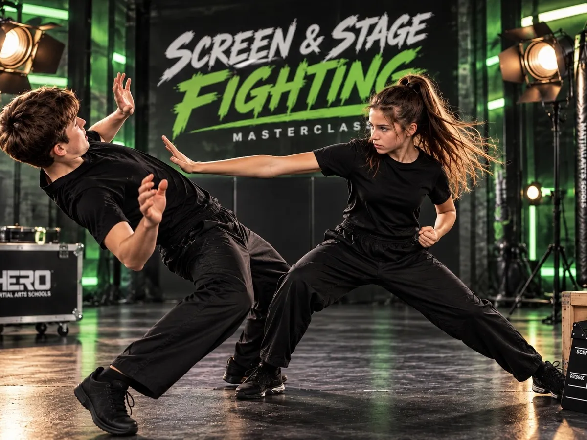 Dramatic martial arts fighter silhouette illuminated in moody arena lighting