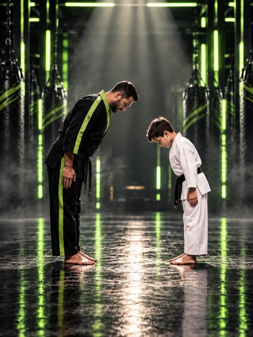 Diverse martial artists in uniforms bowing in mutual respect on the training mat