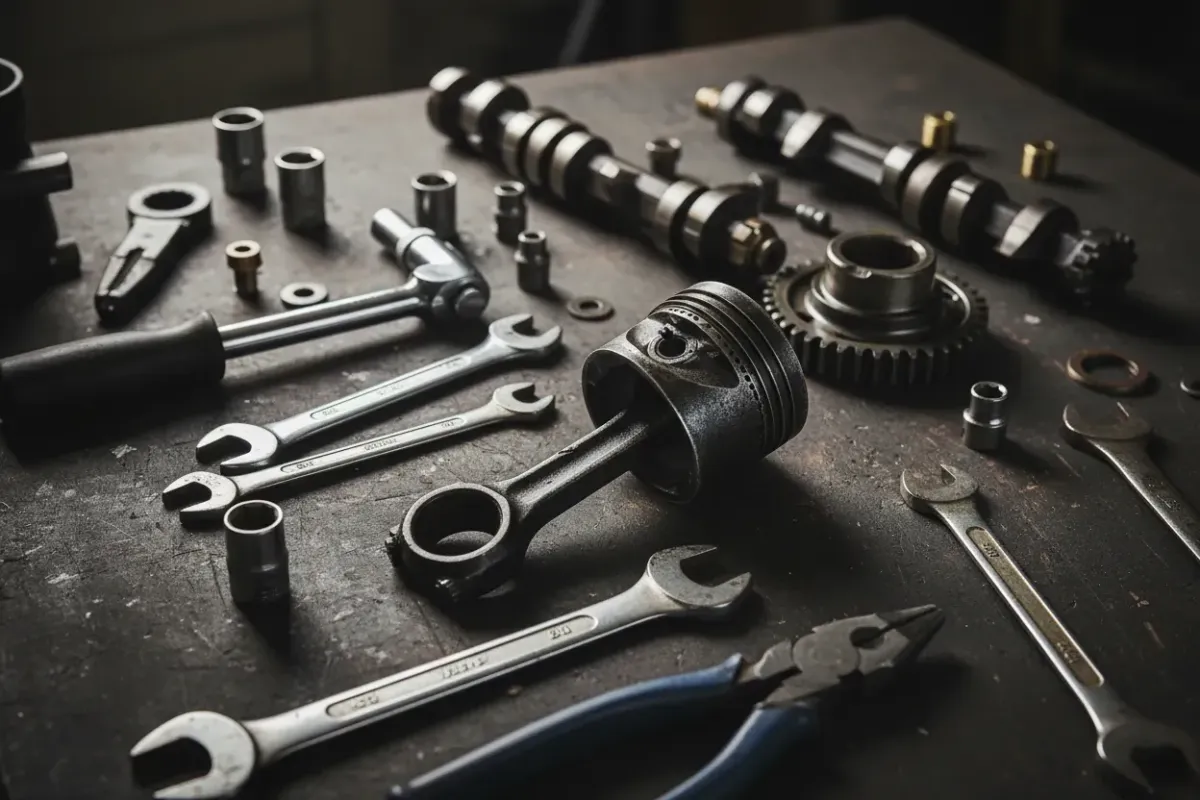Automotive mechanic hands on engine