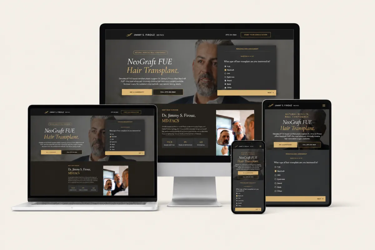 Hair transplant landing page design across desktop, tablet, and mobile for Dr. Jimmy Firouz by Roll The Media