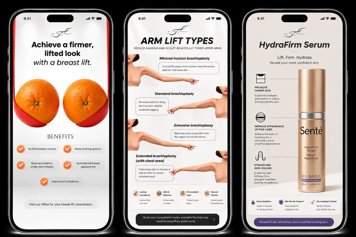 Beverly Hills aesthetic practice social media content — breast lift, arm lift, and HydraFirm serum carousels by Roll The Media