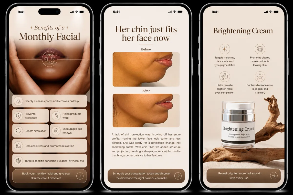 Luxury medical aesthetic content design — facial, chin filler, and brightening cream by Roll The Media