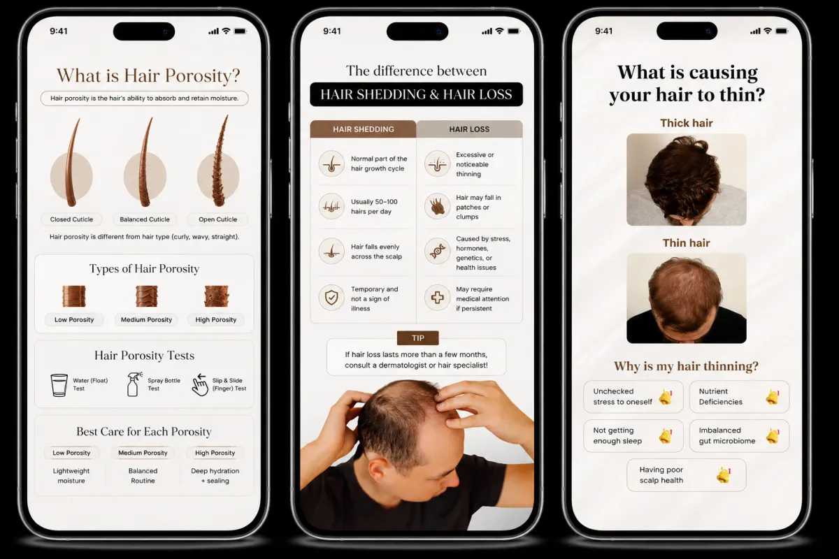 Hair restoration educational social content — porosity, shedding vs loss, and thinning causes by Roll The Media
