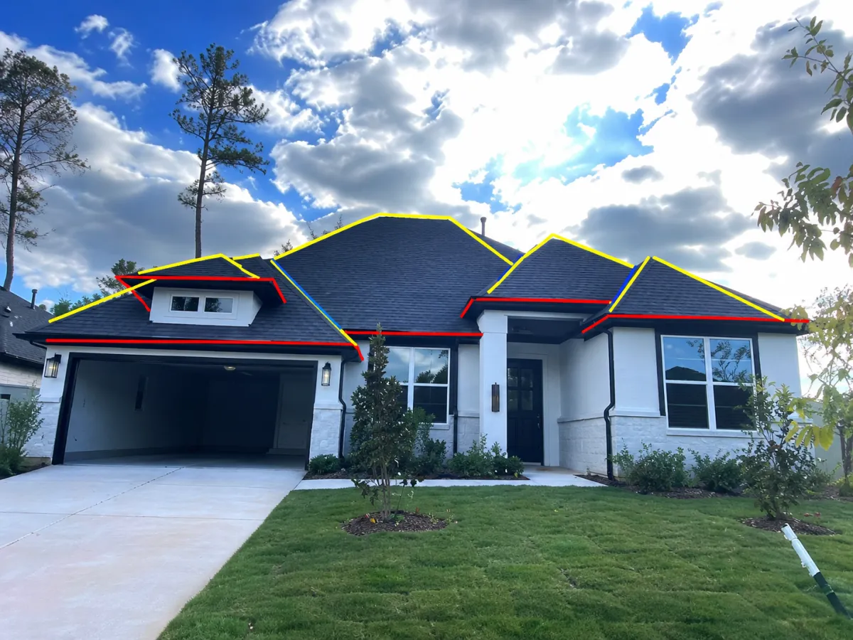 Example of a home photo marked with proposed Christmas light rooflines
