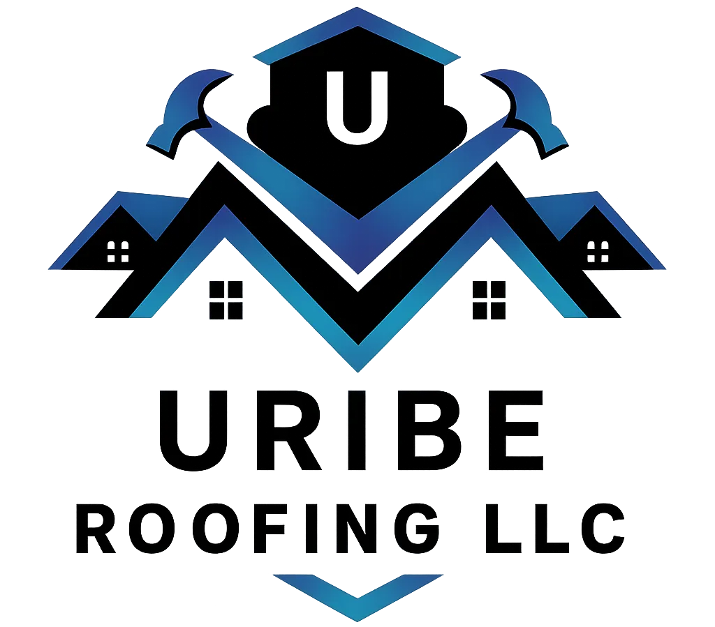 Uribe Roofing logo. Showing a house roof with two hammers and the letter "U" inside of a crest.