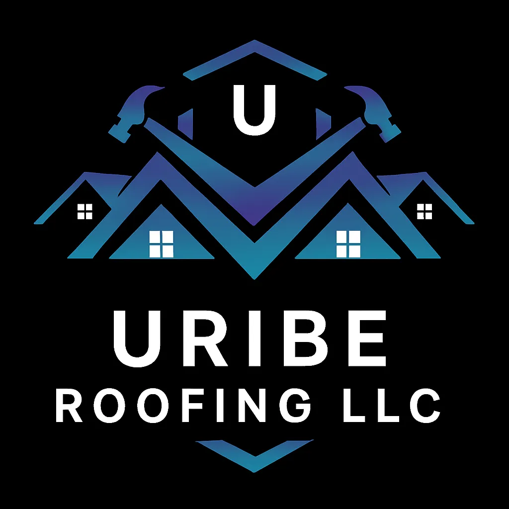 Uribe Roofing logo. Showing a house roof with two hammers and the letter "U" inside of a crest.