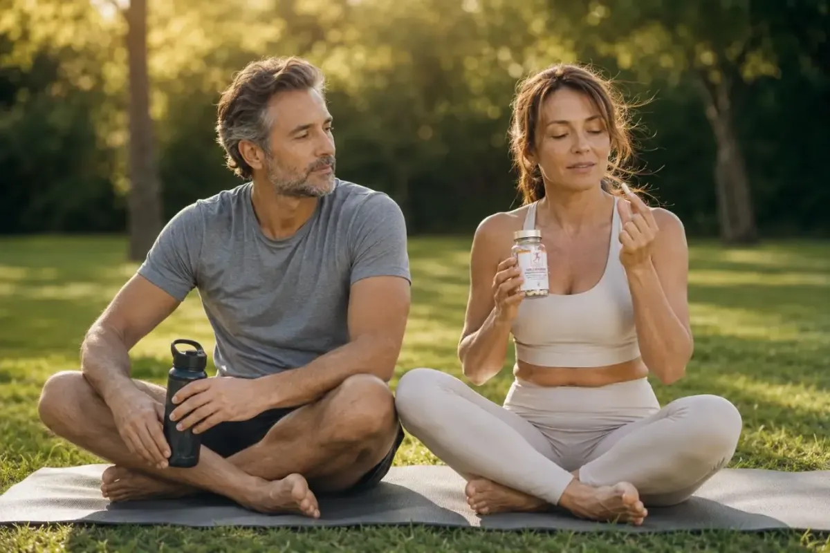 Femme senior pratiquant le yoga pour améliorer son bien-être et son équilibre physique avec SANTALGEN