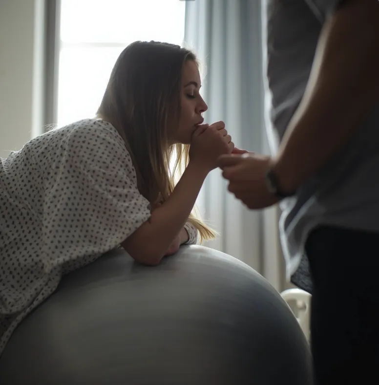 Brunette female in a hospital gown drinking out of a straw while leaning on a birth ball 