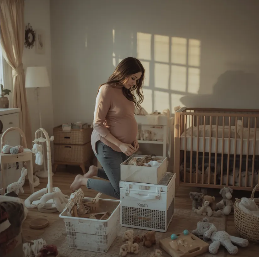 Pregnant women unpacking and organizing the nursery 