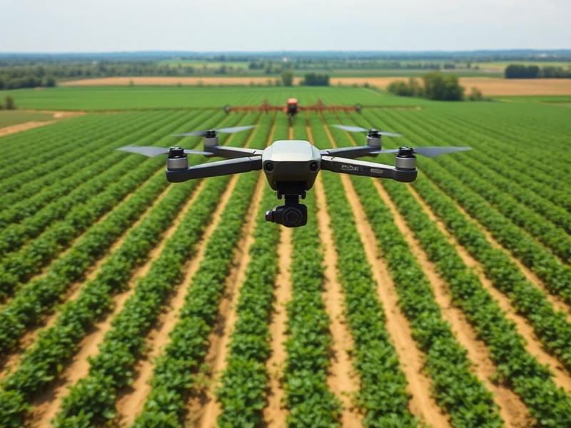 Agricultural drone flying over crop rows performing precision spraying on farmland for crop protection and precision agriculture services