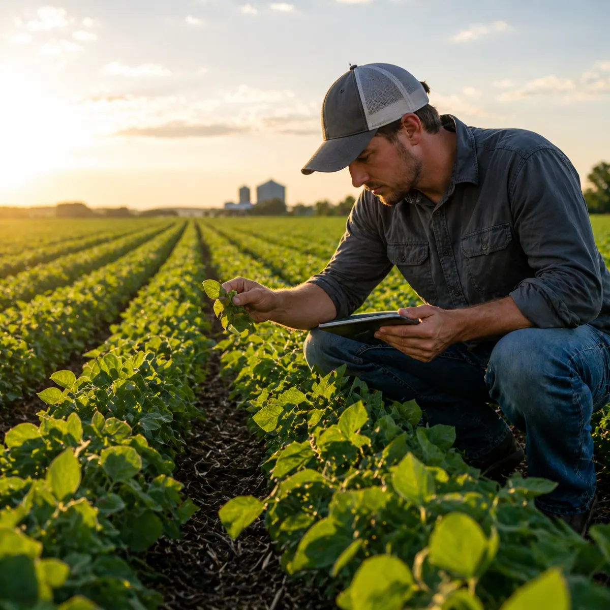 Agronomist inspecting corn plants in field while monitoring crop health and growth