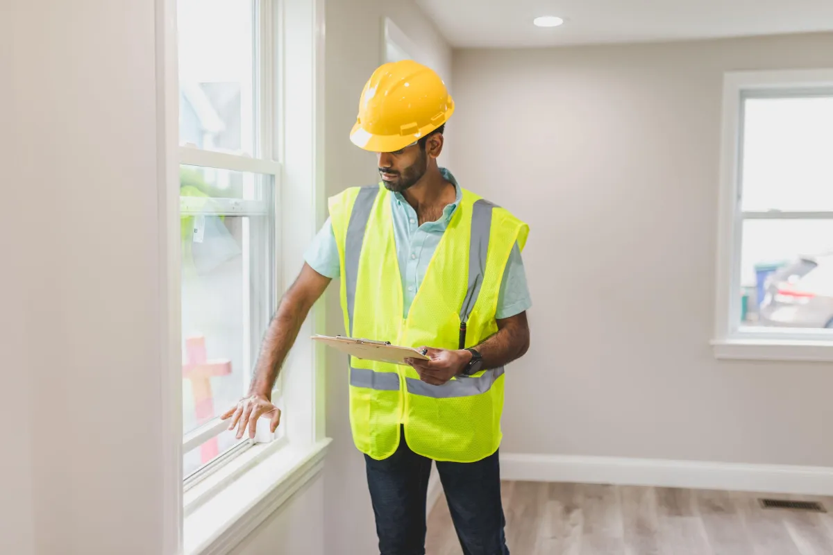 A property professional inspecting a window during a building review