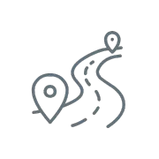 Gray line icon of a winding path with map pins, representing the guided journey parents take to understand what sleep training is and how to create calm, connected baby sleep routines.”