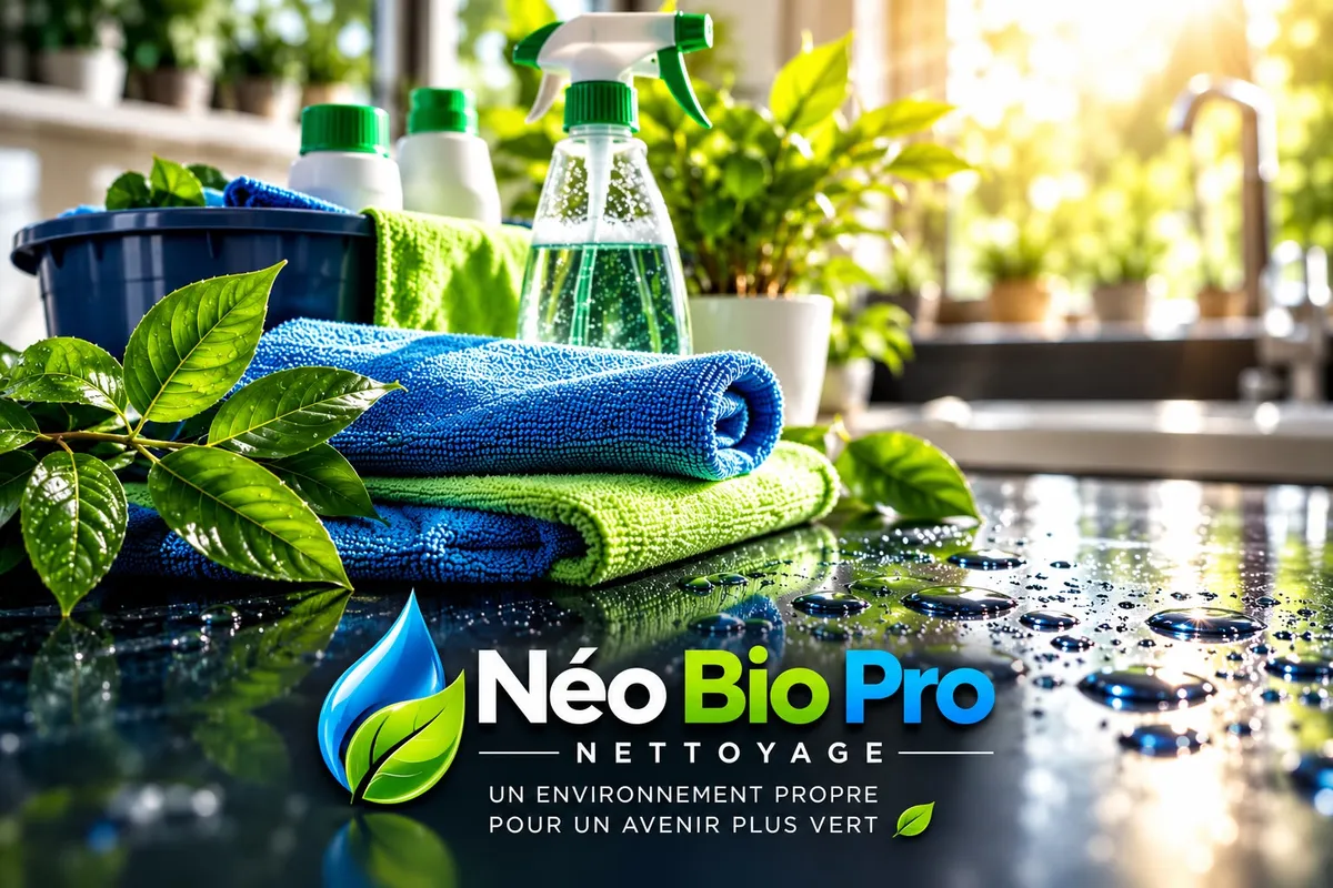 Microfibres réutilisables bleues et vertes, produits de nettoyage et végétation illustrant les conseils de nettoyage écologique de Néo Bio Pro.