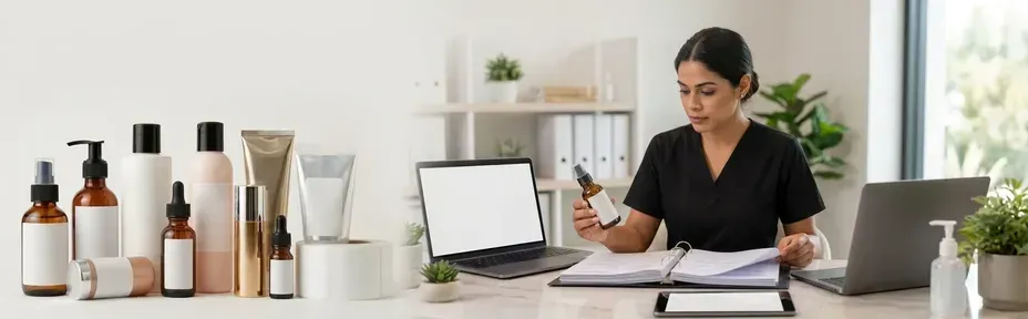 Imagen de especialista revisando el cumplimiento normativo para el etiquetado de cosméticos en su escritorio