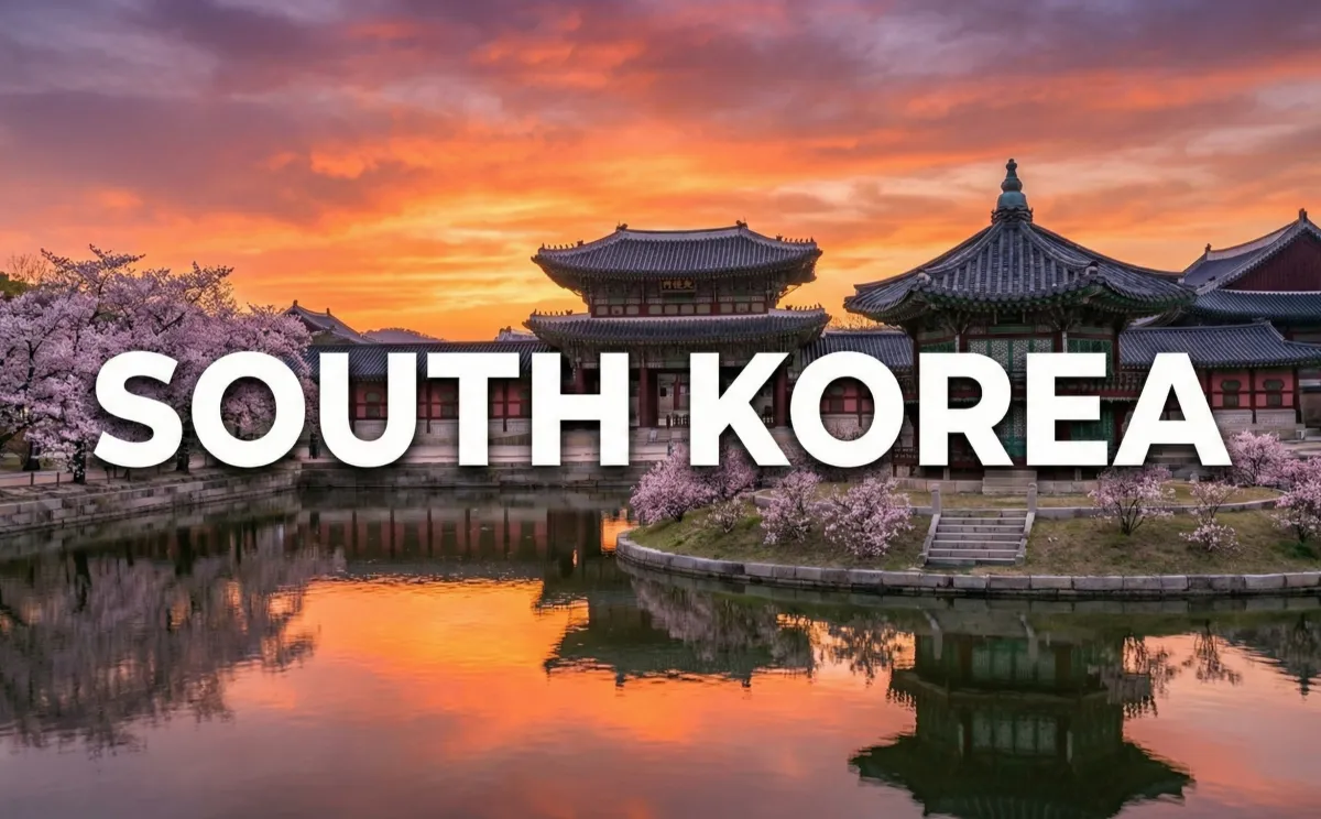 Traditional Korean palace pavilion and pond surrounded by cherry blossoms with the words South Korea in large white text across the center