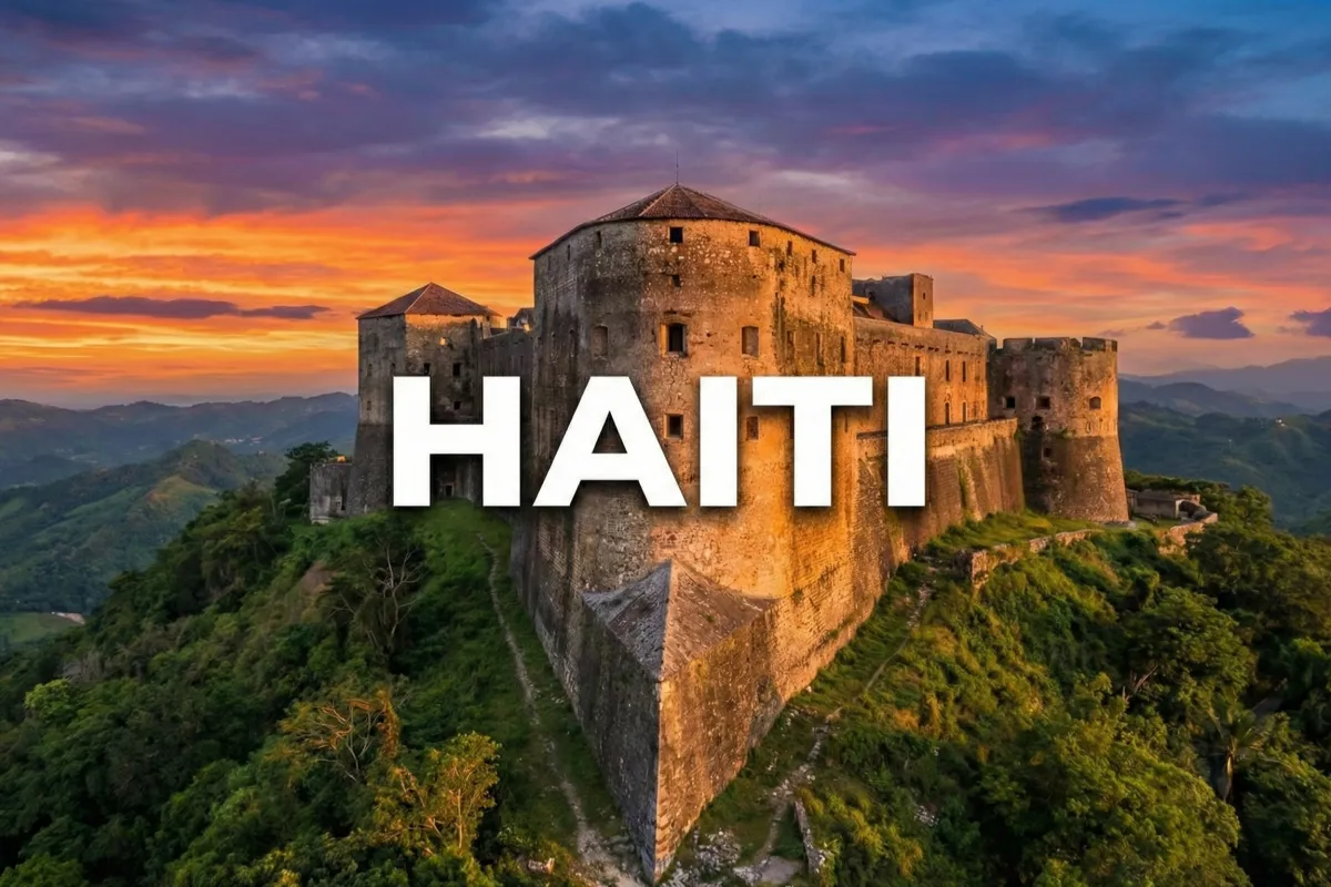 The Citadelle Laferriere mountaintop fortress surrounded by green mountains with the word Haiti in large white text across the center