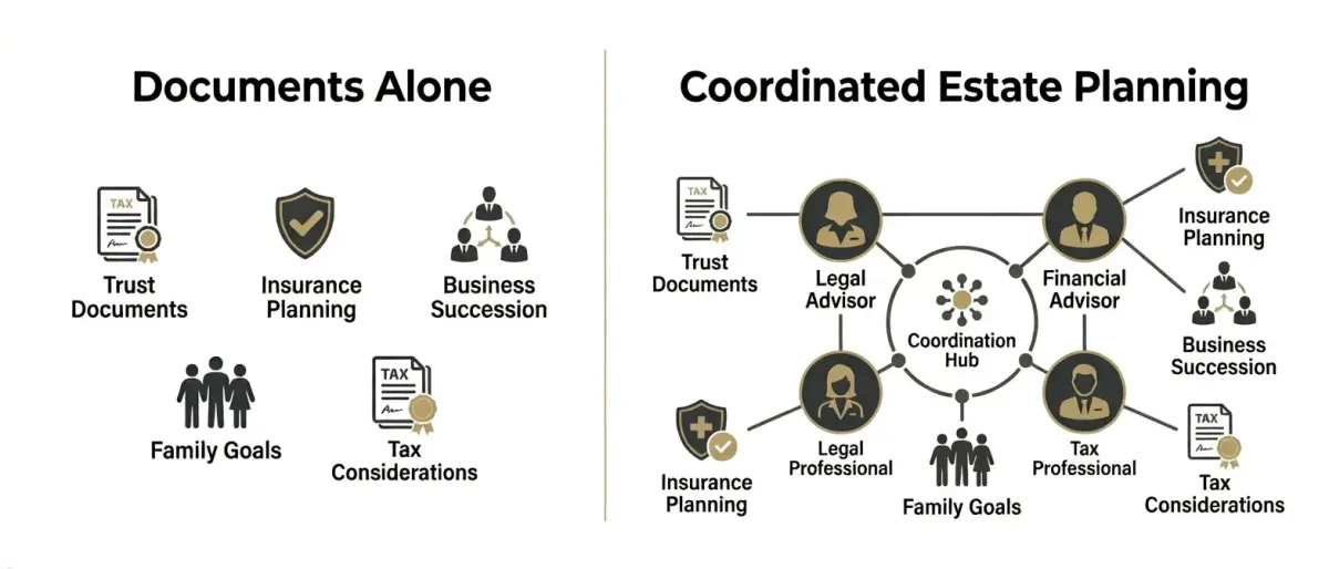 Estate planning strategies graphic showing wealth transfer, tax planning, succession, and legacy coordination