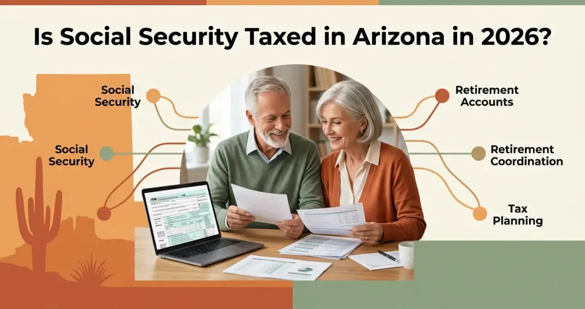 Senior couple reviewing Social Security and retirement income documents with Arizona tax considerations