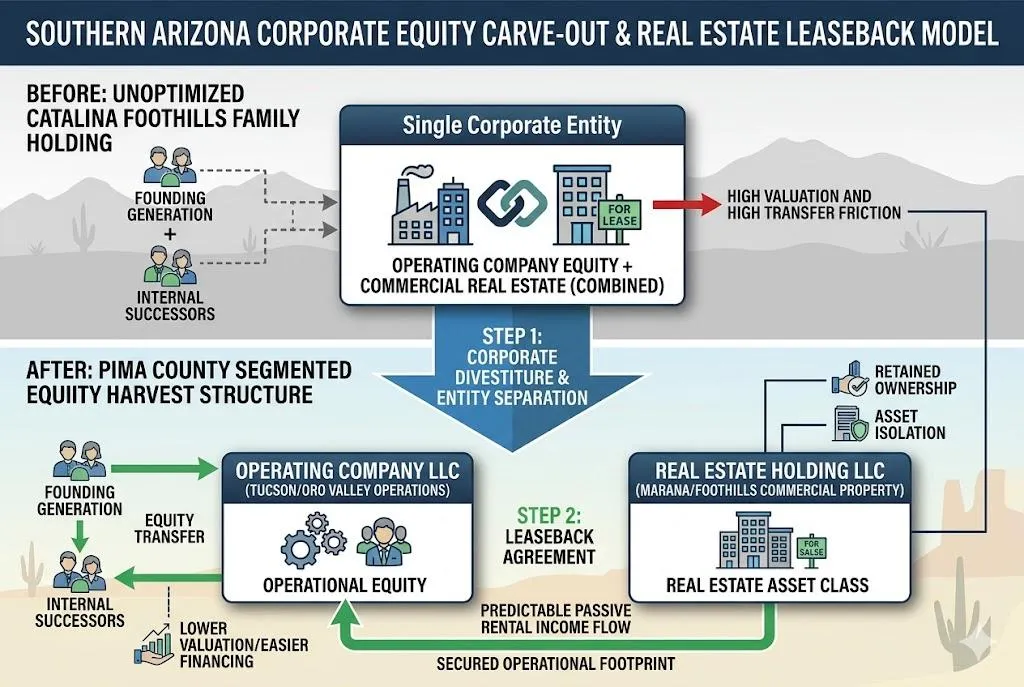 A technical structural schematic illustrating the corporate separation of high-value commercial real estate assets from operational business equity for high-net-worth family enterprises located in the Tucson, Oro Valley, and Catalina Foothills regions.