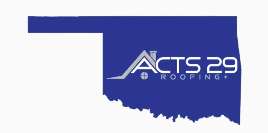 A wide-angle 3:2 landscape photo of a licensed roofing crew repairing a residential roof in Oklahoma: two workers installing metal roofing panels under a clear sky, ladders and safety gear visible, crisp natural light, photorealistic focus on craftsmanship and durable materials.